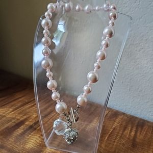 "MFIL / Parisian Style" Pink Bead Pave Crown Crystal Necklace